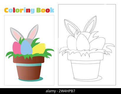 Coloring page. Pot with painted eggs and the ears of the Easter Bunny stick out from behind. Stock Vector