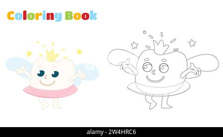 Coloring page. Tooth fairy in the form of a tooth with a crown and wings. Funny character in cartoon style. Stock Vector