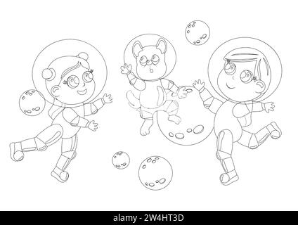 Coloring page. Two girls with big eyes and a dog are dressed in an astronaut suit and a helmet. Children are happy and fly in outer space. Cartoon sty Stock Vector