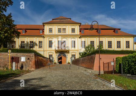 Svojsin, Czech Republic - October 13 2023: Front view of the newly renovated castle, a yellow building with red roof, cobblestone paving and red brick Stock Photo