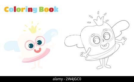 Coloring page. Tooth Fairy. A very cute tooth with wings, a crown and a magic wand. Illustration in children's style. Stock Vector