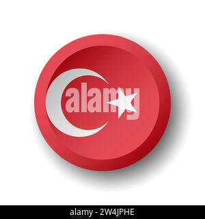 Turkey flag - 3D circle button with dropped shadow. Vector icon. Stock Vector