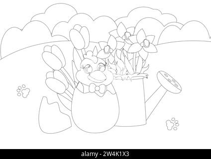 Coloring page. On a green meadow there is a charming chicken in an egg. On the back are tulips and a watering can with daffodils and rabbit footprints Stock Vector