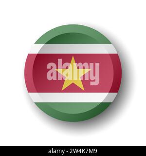 Suriname flag - 3D circle button with dropped shadow. Vector icon. Stock Vector