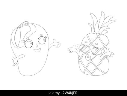 Coloring page. Mango and pineapple in cartoon style. Fruit has a face and eyes. Stock Vector