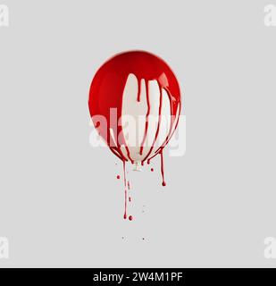 White balloon covered in red paint dripping on soft grey background. Minimalistic creative concept. Stock Photo