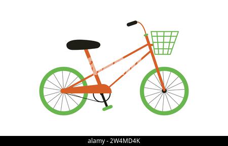 Child bike isolated on white background. Colorful green and orange children bicycle with basket Stock Vector
