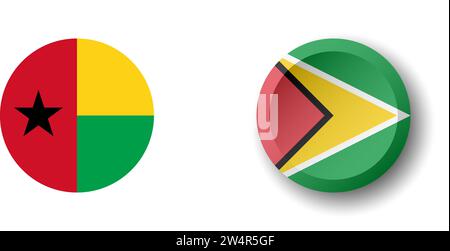 Guyana flag - 3D circle button with dropped shadow. Vector icon. Stock Vector