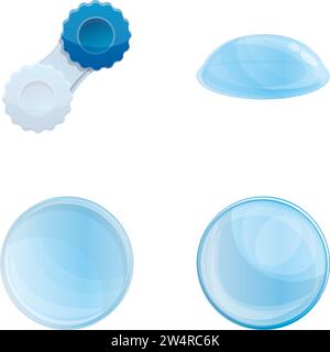 Eye lenses icons set cartoon vector. Contact lenses with plastic container. Medicine, ophthalmology Stock Vector