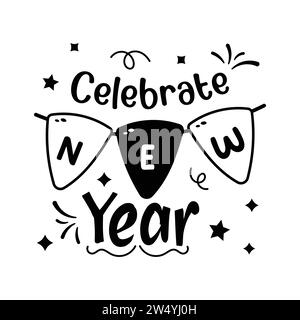 Have a look at this beautiful and amazing flat sticker of happy new year, new year celebration hand drawn sticker Stock Vector