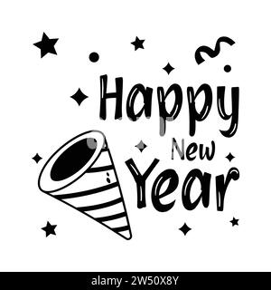 Happy new year party popper flat sticker design isolated on white background Stock Vector