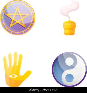 Occultism icons set cartoon vector. Accessory for magic ritual. Occult, prediction, witchcraft Stock Vector