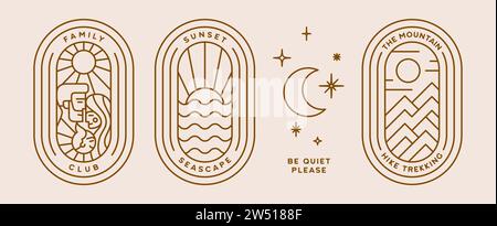 Set of minimalist line art logo template. Simple modern design line graphic badge for brand. Landscape sun sea wave mountain hill, family symbol. Collection vintage line icon sign. Vector Illustration Stock Vector