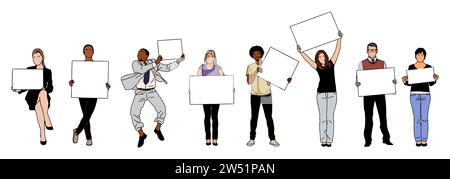 People holding blank advertising banner vector set Stock Vector
