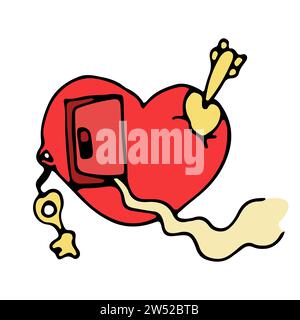 Color doodle a big heart with an arrow, a door, a key and a path to the door. The concept of love, relationships, marriage, trust. Vector sketch. Stock Vector