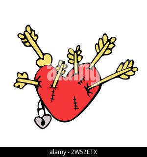 Scarlet Cartoon Heart with pierced arrows, scars and a padlock. Vector sketch of love relationship concept. Stock illustration for prints of t-shirts. Stock Vector