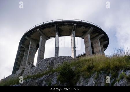 A winding road leading to the summit of the mountain Monte San Biagio with the Statue of Christ the Redeemer of Maratea, Cristo Redentore di Maratea. Stock Photo