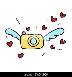 Doodle retro camera with wings takes pictures and flying hearts. The cartoon style symbolizes love and romantic relationships. Hand drawn sketch. Stock Vector