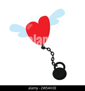 Heart with wings on chain with kettlebell in cartoon style isolated on white background. The concept of toxic love relationships, domestic violence. Stock Vector