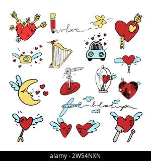 Set of vector color doodles for Valentine's Day or on the theme of love relationships: winged moon, heart with arrows, winged heart in a cage. Stock Vector