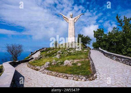 The Statue of Christ the Redeemer of Maratea, Cristo Redentore di Maratea on the summit of the mountain Monte San Biagio. Stock Photo