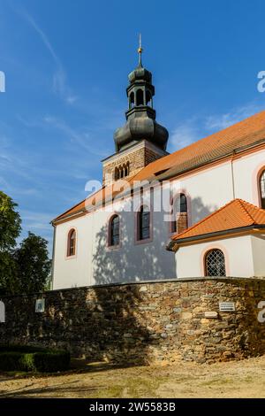 Svojsin, Czech Republic - October 13 2023: View of the Saint Petr and Pavel church with a Romanesque stone tower. Dry yellow grass and stone wall Stock Photo