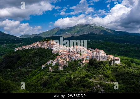 The small town of Rivello with the church of Santa Maria del Poggio is picturesquely situated on the crest of a wooded range of hills. Stock Photo