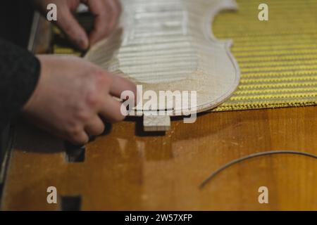 Unrecognizable luthier lute maker artisan hands in his workshop putting fillet purfling strips into carved inlaid wood channel, for a new raw back Stock Photo