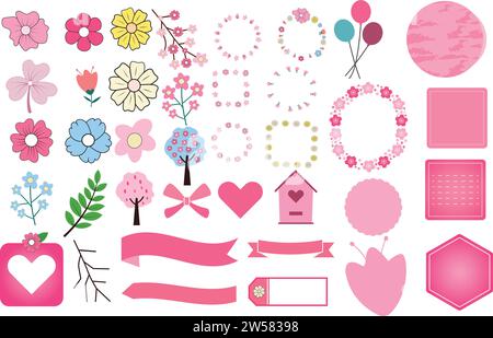 Spring Illustrations and Decorations.This collection includes sakura, spring, watercolor, frame, illustration, banner, speech bubble, cherry blossom, Stock Vector