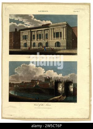 Print engravings entitled, 'The Trinity House, on Tower Hill' and ' View of the Tower' early 19th century, Britain Stock Photo