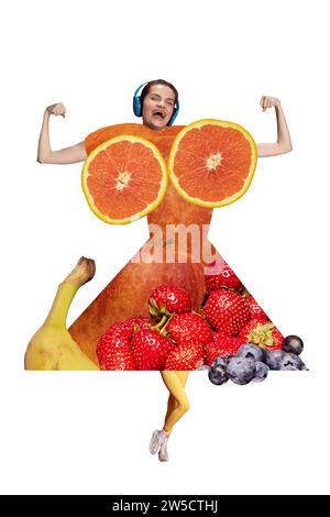 Young woman in headphones with different fruits over body isolated over white background. Contemporary art collage. Stock Photo