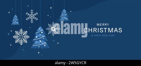 Christmas and New Year greeting card. Shining decorations with Christmas trees and snowflakes on dark blue background. Flat vector illustration Stock Vector