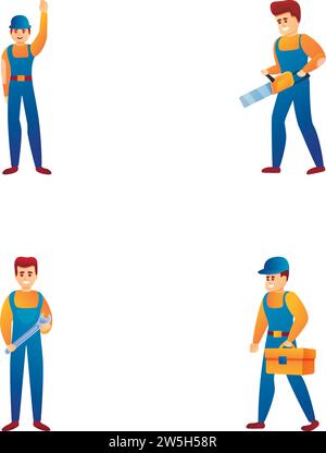 Builder team icons set cartoon vector. Team of worker with tool and equipment. Repair and construction service Stock Vector