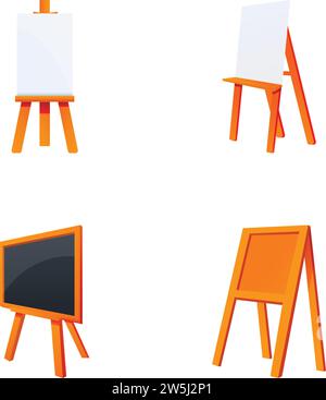 Wooden easel icons set cartoon vector. Paint desk with blank canvas. Drawing, equipment Stock Vector