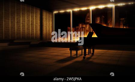 Piano virtual set, studio background with a grand piano. City music stage, with a golden, 3D illustration aesthetic. A backdrop in 4k, ideal for TV sh Stock Photo