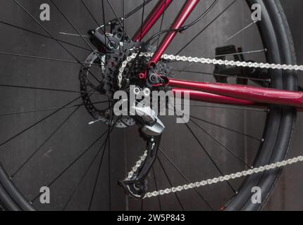 Close up of modern bicycle transmission. Bicycle equipment and spare parts. Bicycle workshop, bicycle repair. Stock Photo