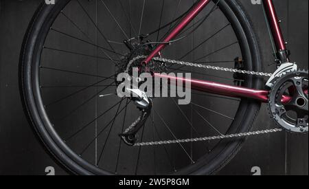 Close up of modern bicycle transmission. Bicycle equipment and spare parts. Bicycle workshop, bicycle repair. Stock Photo