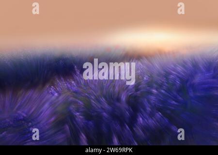 A vibrant abstract image capturing a motion blur effect that resembles a dynamic landscape with purple and orange hues Stock Photo