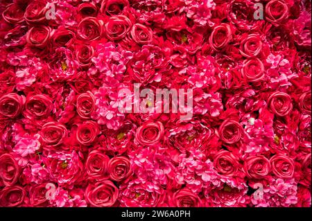 Top view composition of bunch of fresh bright pink Roses and Hydrangea Rodeo Cerise with Paeonia suffruticosa blooming on spring Stock Photo
