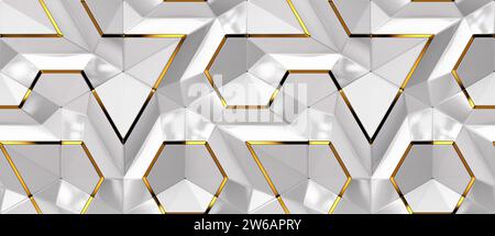 A modern abstract 3D design featuring interlocking hexagons with golden accents on a grey background. Stock Photo