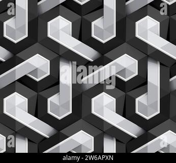 Futuristic 3D geometric pattern composed of hexagons with a luxurious gray, silver and black color resembling an intricate mosaic Stock Photo