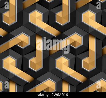 Futuristic 3D geometric pattern composed of hexagons with a luxurious black and gold color resembling an intricate mosaic Stock Photo