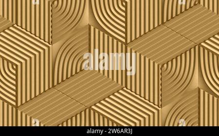 Abstract geometric pattern with golden 3D stripes forming a complex labyrinthine design. Stock Photo