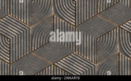 An abstract geometric pattern featuring interlocking metal tiles with textured, linear grooves creates a maze-like design. Stock Photo