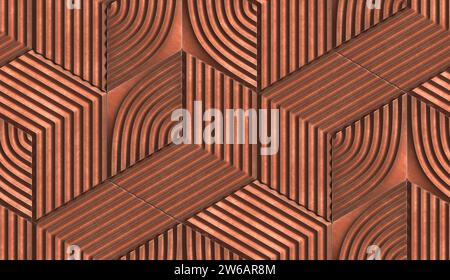 This image showcases a seamless design of copper geometric patterns with a distinct 3D visual effect. The image represents modern art and can be used Stock Photo