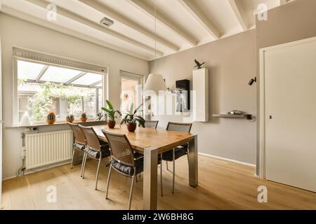 Long wooden table and chairs on hardwood floor in dining room of luxurious home with pendant light and bright windows Stock Photo