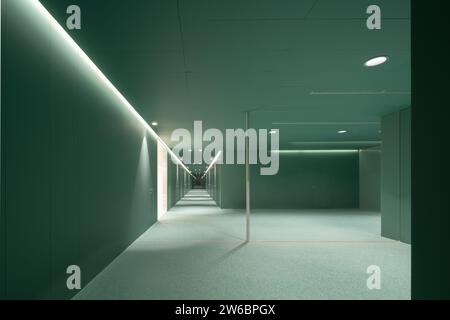 Interior of spacious empty lobby with green walls and glass partition ...