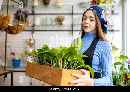 Charming young female owner in casual clothes and bandana carrying wooden box with fresh money plants while working in floristry Stock Photo