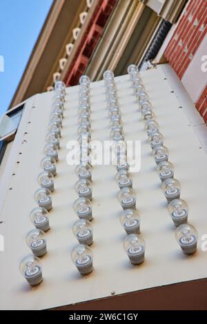 Urban Light Bulbs Pattern on Theatre Exterior, Low Angle View Stock Photo