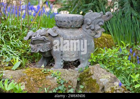 Statue in the Japanese Garden, Leverkusen, North Rhine-Westphalia, Germany, Europe Stock Photo